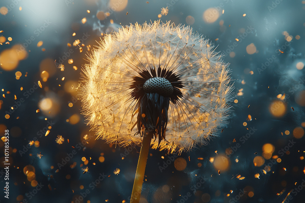 Aufkleber high-detail close-up of a dandelion releasing pollen, with tiny particles visibly floating in the ai