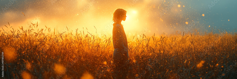 Poster a person standing in a field, visibly rubbing their eyes, with pollen particles floating subtly in t