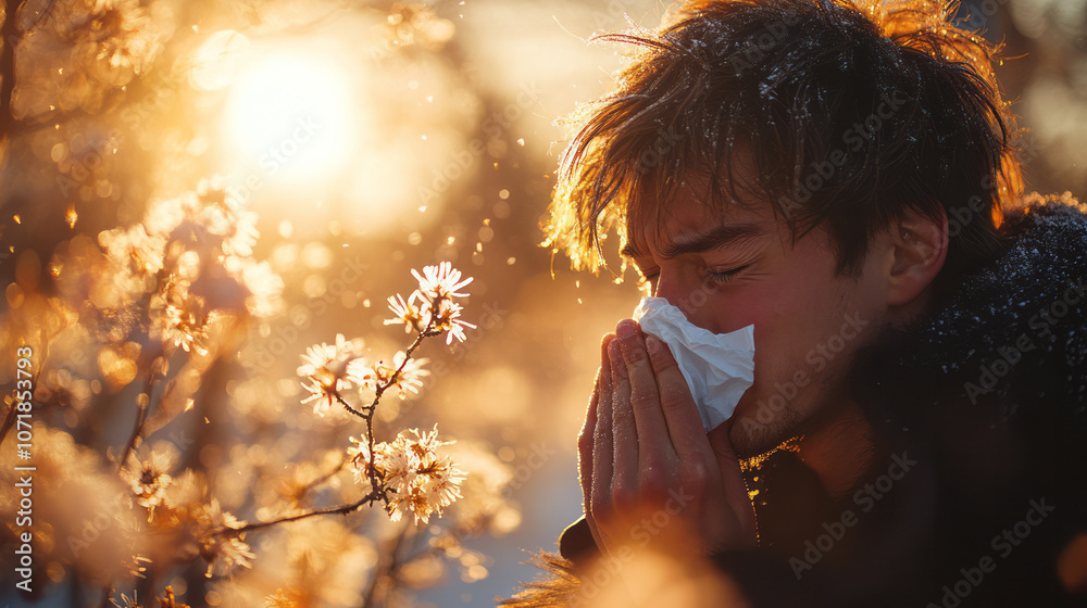 Poster Realistic photo of a man sneezing into a tissue with a concerned expression, surrounded by trees in springtime,