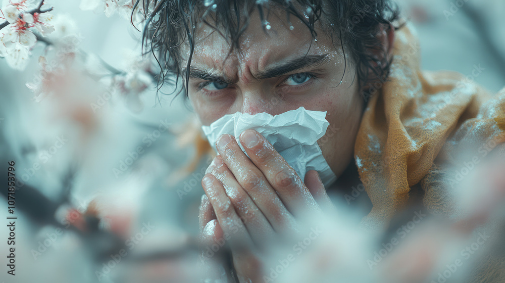 Poster Realistic photo of a man sneezing into a tissue with a concerned expression, surrounded by trees in springtime,