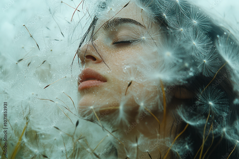 Poster photorealistic shot of dandelion seeds blowing in the wind, with a person in the background shieldin