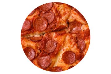 Pepperoni pizza with sausage, mozzarella cheese, tomatoes, salt and spices
