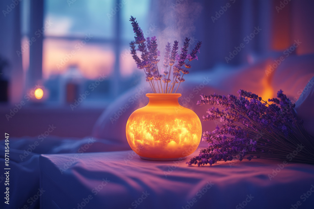 Poster photorealistic shot of lavender and a diffuser on a nightstand, symbolizing calming scents for a bet