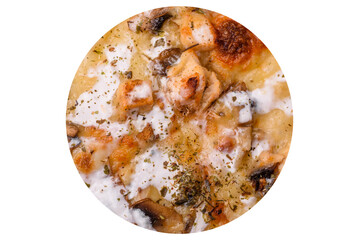 Creamy pizza with truffle cheese, mozzarella, chicken and mushrooms