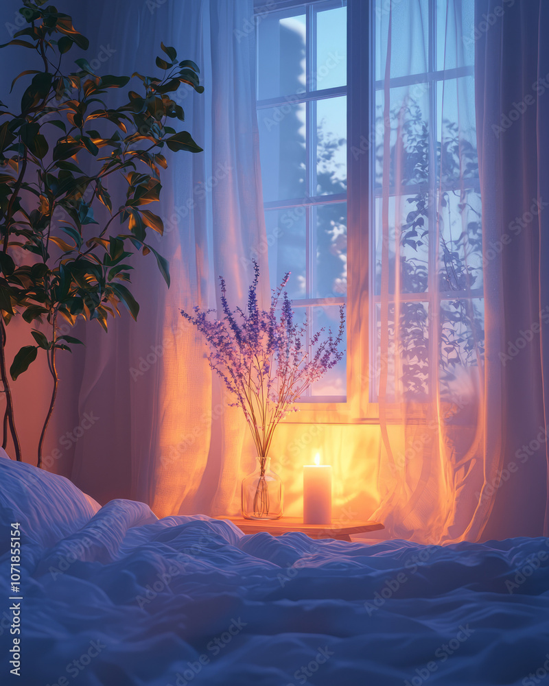 Poster A tranquil bedroom scene with a diffuser emitting lavender mist, creating a calming setting for sleep quality improvement,