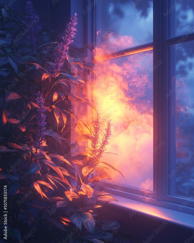 Leinwandbilder A tranquil bedroom scene with a diffuser emitting lavender mist, creating a calming setting for sleep quality improvement,