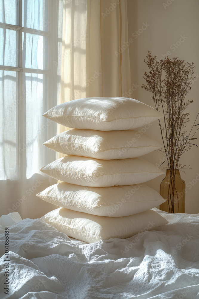 Poster photorealistic image of soft, fluffy pillows stacked on a neatly made bed, symbolizing a cozy and in