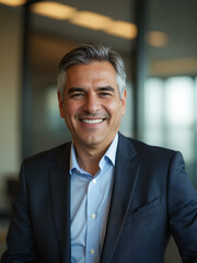 Fototapeta premium A seasoned Indian executive smiles warmly in his office dressed in a modern suit with an open collar amidst a sleek corporate backdrop_00