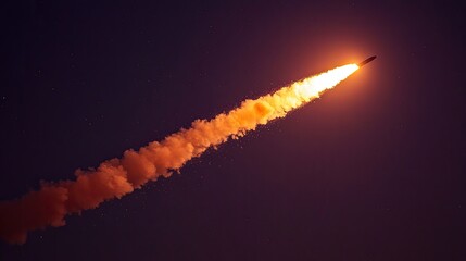 Rocket blasting off into a clear night sky, with flames lighting up the smoke trail. An inspiring vision of space travel.