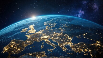 Fototapeta premium Space view of Earth centered on Europe, with natural color and atmosphere detail. Captures the beauty and fragility of our planet.