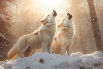 Obraz premium Arctic Wolves' Serenade: A Mystical Moonlit Howl in Winter Wonderland.