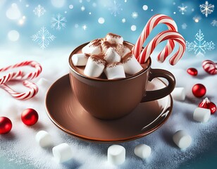 Stylized hot chocolate cup with marshmallows, candy canes, and chocolate shavings