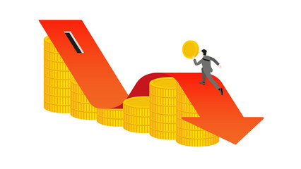 Businessman runs and holds coins on a red arrow graph decrease on a stack of coins to coin slot. Business Down, wealth create, financial, investment goal, corporate develop, economic, profit and loss