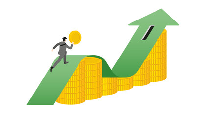 Businessman runs and holds coins on a green arrow graph rising on a stack of coins to coin slot. Growth, wealth create, financial, investment goal, corporate develop, economic, profit and loss