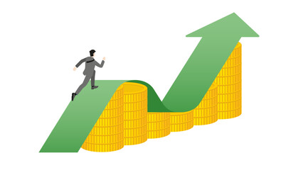 Businessman runs on a green arrow graph rising on a stack of coins. Business growth, wealth creation, financial planning, investment goal, corporate development, economic achievement, profit and loss
