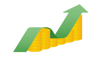 An arrow graph rising on a stack of coins. Concepts of business growth, wealth creation, financial planning, investment goal, success, corporate development, economic achievement, profit and loss