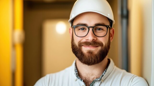 Confident Caucasian Male Construction Worker Wearing Safety Helmet and Uniform Smiling at the Inside a Modern Office Building