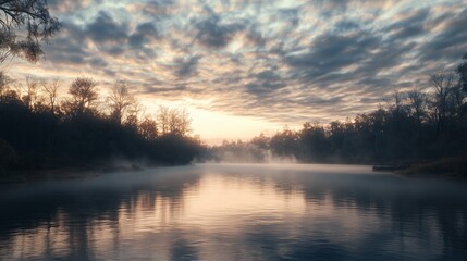 Obraz premium Misty Sunrise Over Calm River with Cloudy Sky and Reflections