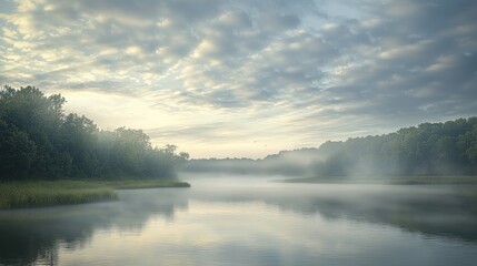 Fototapeta premium Serene Misty Morning Over Calm River and Lush Forest
