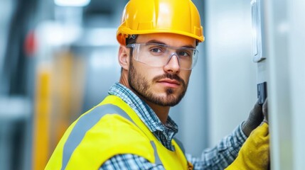 Portrait of a construction worker wearing a yellow hardhat and high visibility safety vest standing at an industrial worksite with various equipment and machinery in the background