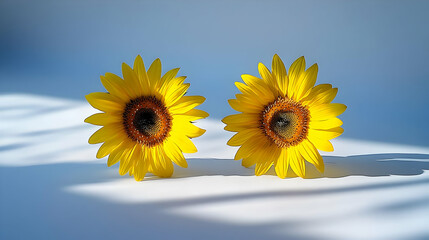 Two Vibrant Sunflowers Facing Each Other, with Shadows Cast on a White Surface, in a Soft Blue Sky Background