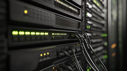 Close-up of server racks with illuminated indicators and cables, showcasing data storage technology.