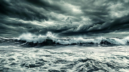 Dark Stormy Sky Above a Powerful Ocean with Large Waves Crashing and Foaming