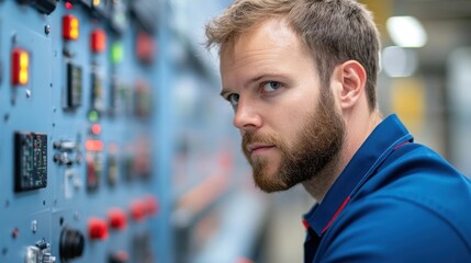 Obraz premium Portrait of a technician or engineer examining and repairing electrical equipment and control panel in an industrial factory or manufacturing plant workplace Focusing on maintenance troubleshooting