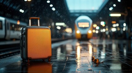 Naklejka premium Close-up of a sleek travel suitcase resting on the floor at a busy train station, with the train in the background ready to depart. A perfect image for travel branding