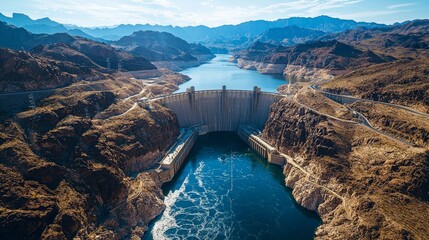 Aerial view of a large dam surrounded by rocky terrain and calm waters in a mountainous region during daylight