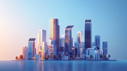 Naklejka premium A futuristic city skyline at sunrise with solar panel installations and reflection on a calm water surface