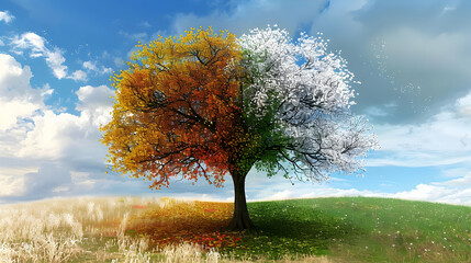 A Single Tree Exhibits the Four Seasons with Fall, Winter, Spring, and Summer Foliage Against a Blue Sky with Clouds