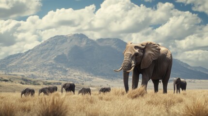 Obraz premium A herd of elephants are standing in a field with a mountain in the background