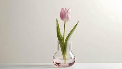A minimalist composition featuring a single pink tulip in a glass vase