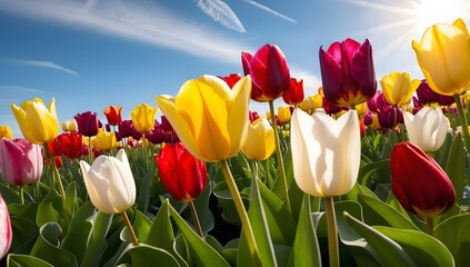 A vibrant field of multicolored tulips under a bright blue sky