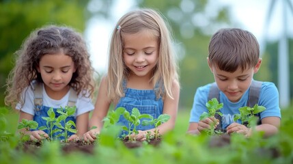 Children planting seedlings in a sunny garden during spring, nurturing their green thumbs and learning about nature