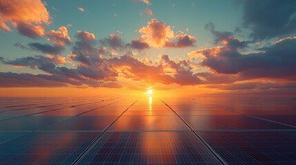 Fototapeta premium Sunset over solar panels in a vast field, showcasing the harmony between technology and nature at dusk
