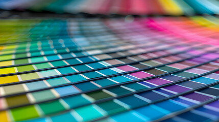View of a Color Palette Chart, Featuring a Variety of Hues and Shades, Arranged in a Diagonal Patterm Blurred Background