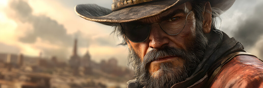 A Close-Up Portrait of a Rugged Cowboy with a Patch Over His Eye, Wearing a Worn Leather Hat and Jacket, Looking Intensely at the Camera, with a Blurry Western Town in the Background
