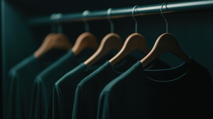 A row of black shirts hanging on a clothesline