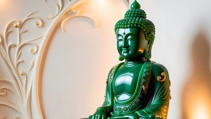 A beautifully carved jade Buddha statue in rich green hues