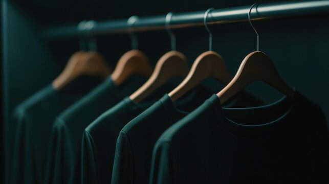 A row of black shirts hanging on a clothesline