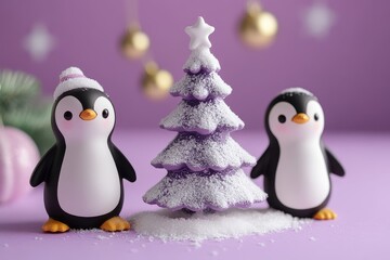 Fototapeta premium Penguin figurines in various poses with Christmas tree on purple background, minimalistic style, soft pastel colors, cute and happy mood, flat lay composition.