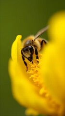 Bees collect pollen from a yellow flower.