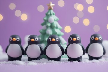 Fototapeta premium Penguin figurines in various poses with Christmas tree on purple background, minimalistic style, soft pastel colors, cute and happy mood, flat lay composition.