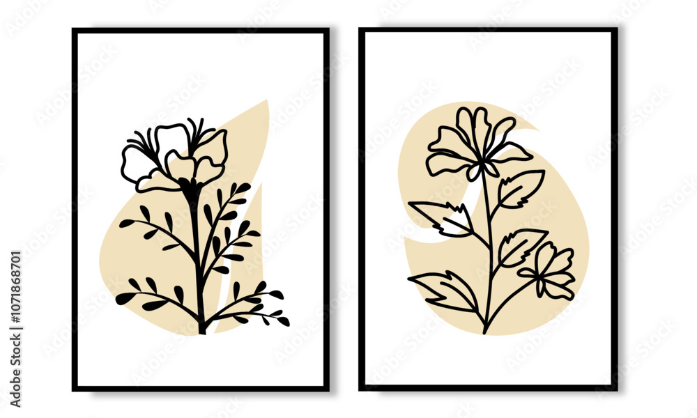 Sticker Set of 2 prints flowers line art wall art. Florals line art poster vector collection.