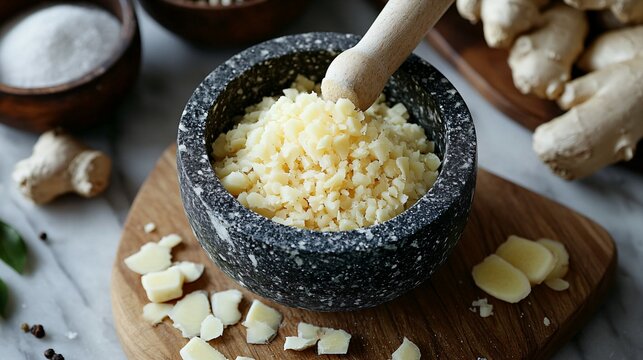 Garlic cloves being crushed in a mortar and pestle, garlic, fresh, cooking, ingredient, organic, health, aromatic, spice