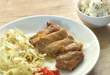 slice grilled chicken with Teriyaki Japanese sauce and chop cabbage on plate eat couple rice mixed sesame in cup