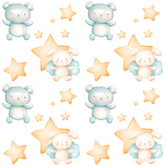 Fototapeta premium Adorable seamless pattern with light blue teddy bears, pastel golden stars, and cute winged bunnies on a white background. Perfect for baby decor, nursery themes, or children's fabrics.