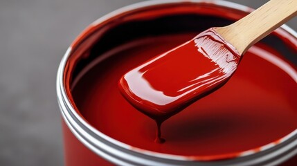 Closeup of a wet shiny red paint in a metal can with a wooden paint brush  This image represents home renovation DIY painting projects art crafting
